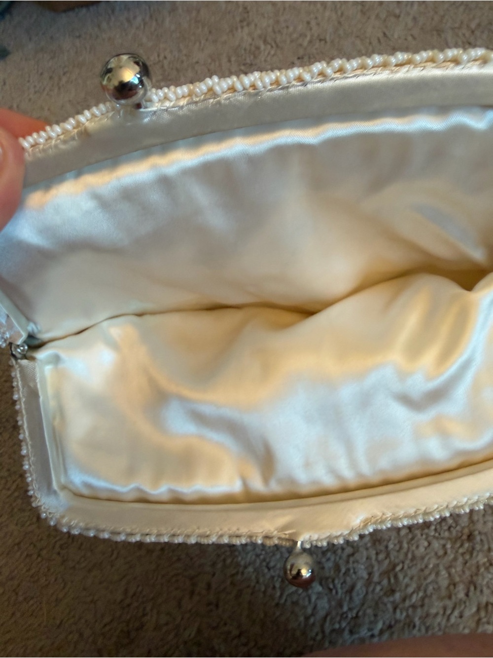 Vintage White Beaded Evening Clutch Pearl Embellished Bag 1950’s Satin Lining - Picture 4 of 8